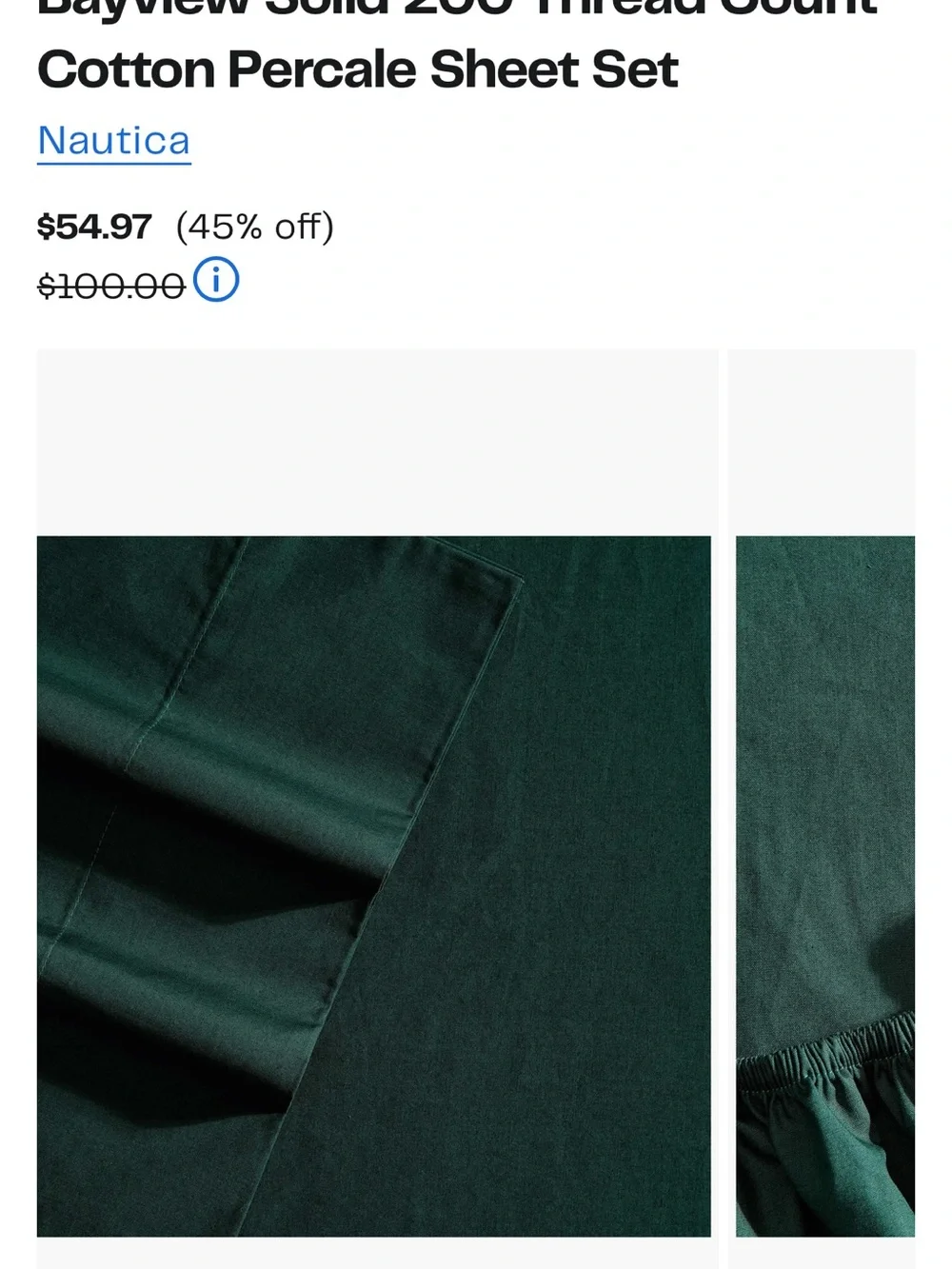 Nautica Bayview Solid Cotton Percale Sheet Set - Deep Green - TWIN